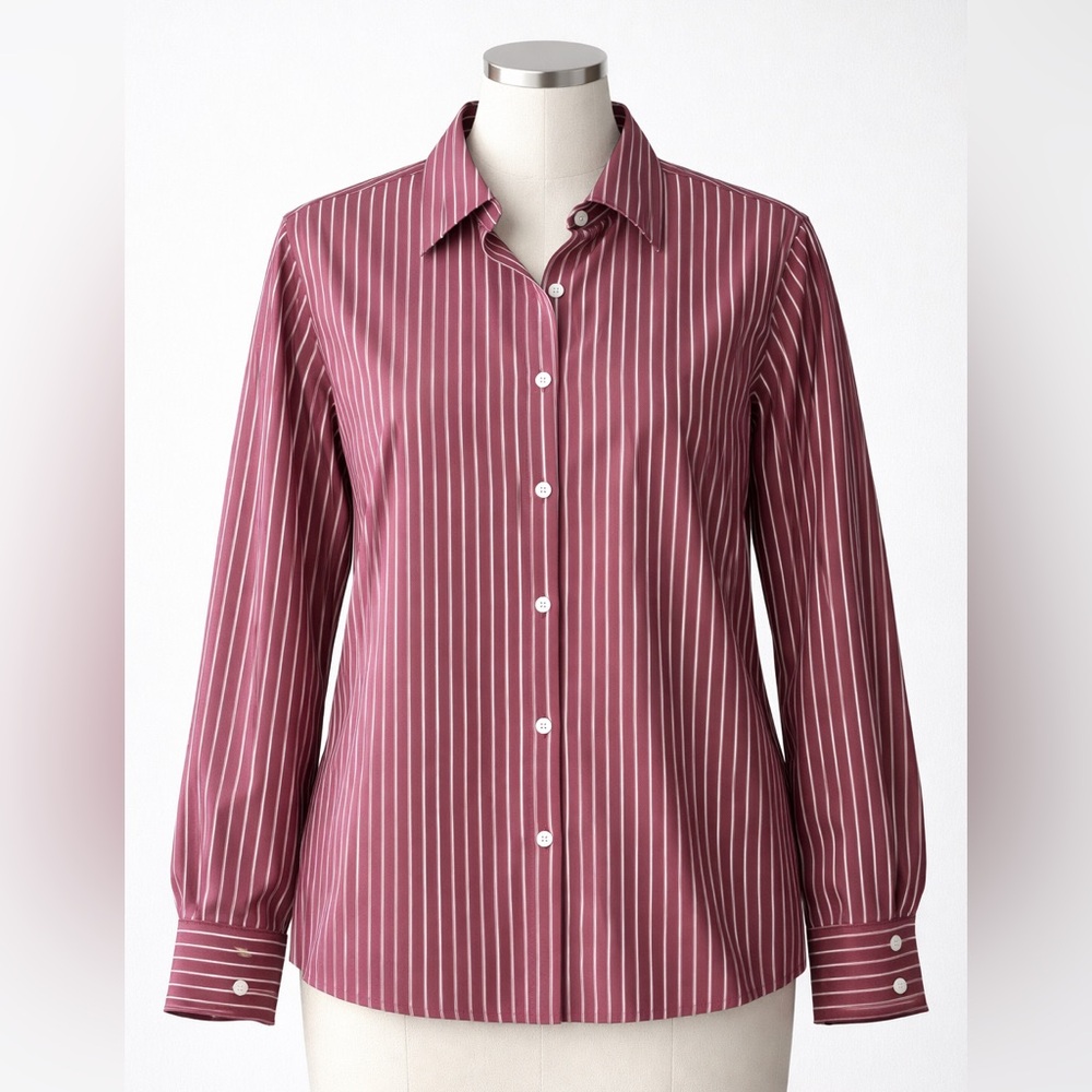 NWT Liz Claiborne Carefree SizeM Burgandy and White Striped Shirt Long Sleeve